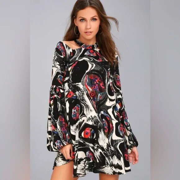 Free People Drift Away Black Print Cold Shoulder Mini Dress/ Tunic- Size Small - Picture 2 of 12